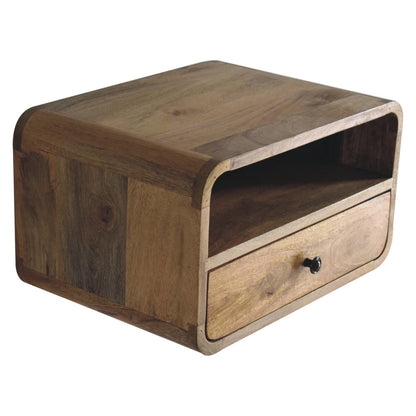 Upper left angle view of Large Oak Curve Floating Bedside showing top surface and open shelf