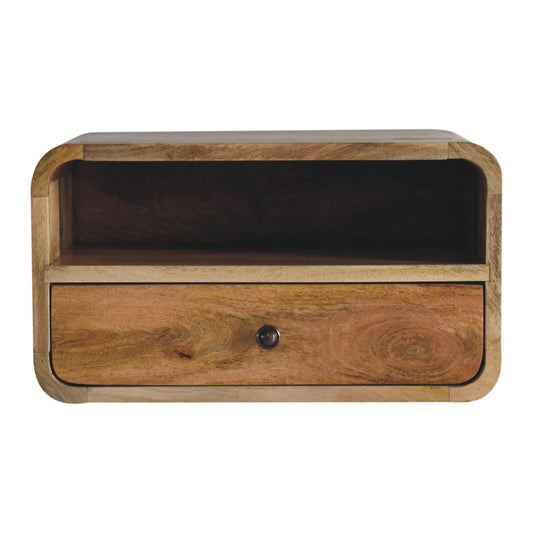 Front view of Large Oak Curve Floating Bedside showing drawer with shiny knob and open shelf