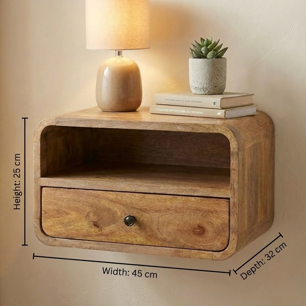 Large Oak Curve Upper Slot Floating Bedside with dimensions: 25 cm height, 45 cm width, 32 cm depth