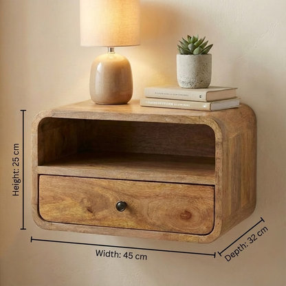 Large Oak Curve Upper Slot Floating Bedside with dimensions: 25 cm height, 45 cm width, 32 cm depth