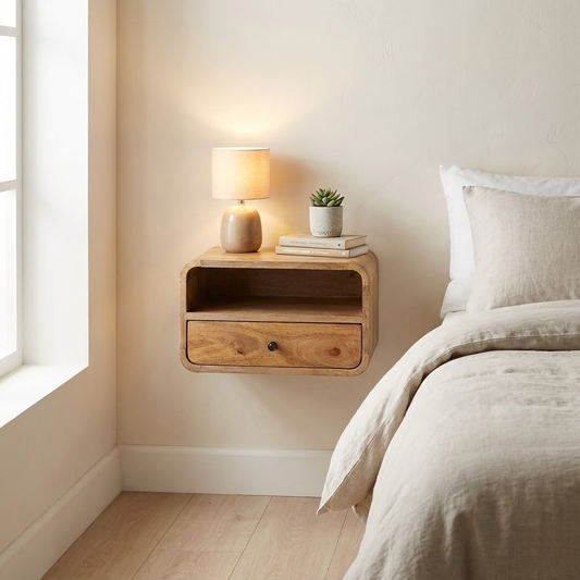 Large Oak Curve Upper Slot Floating Bedside styled in a bedroom wall-mounted setting