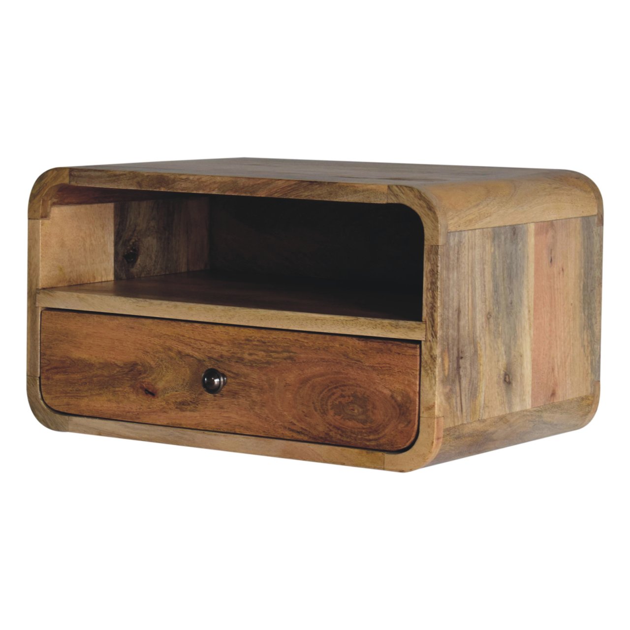 Right side view of Large Oak Curve Floating Bedside showing depth and wall-mounted profile