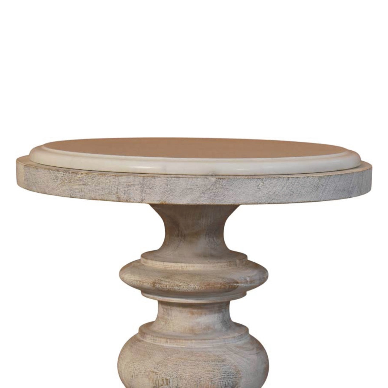 Marble-top accent table in solid mango wood, Salted Oak finish – front close-up