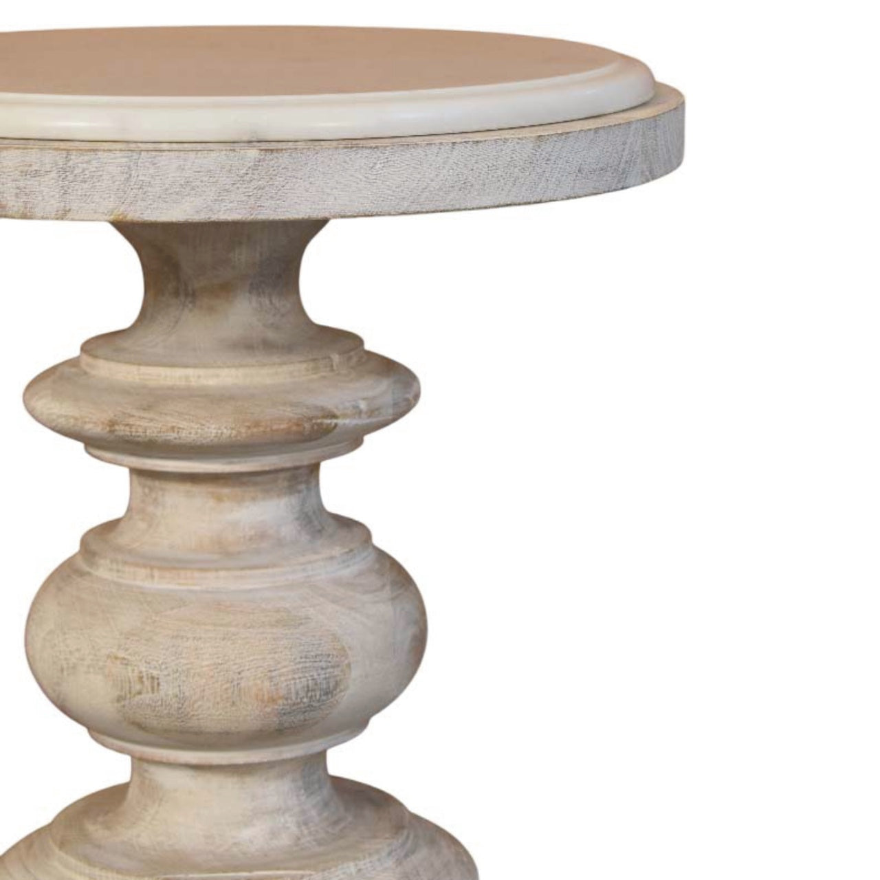 Marble-top accent table in solid mango wood, Salted Oak finish – front right close-up