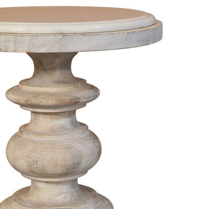 Marble-top accent table in solid mango wood, Salted Oak finish – front right close-up