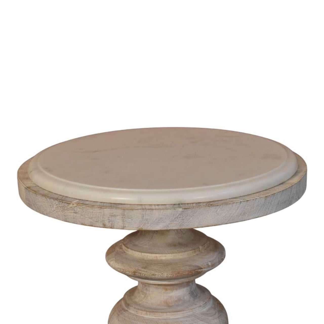 Marble-top accent table in solid mango wood, Salted Oak finish – front elevated close-up