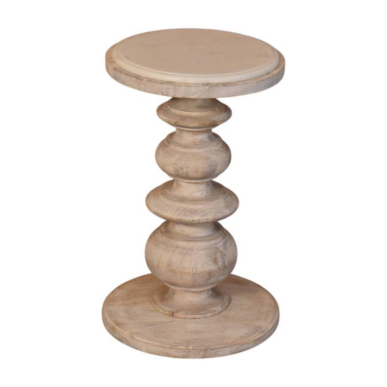 Marble-top accent table in solid mango wood, Salted Oak finish – front elevated view