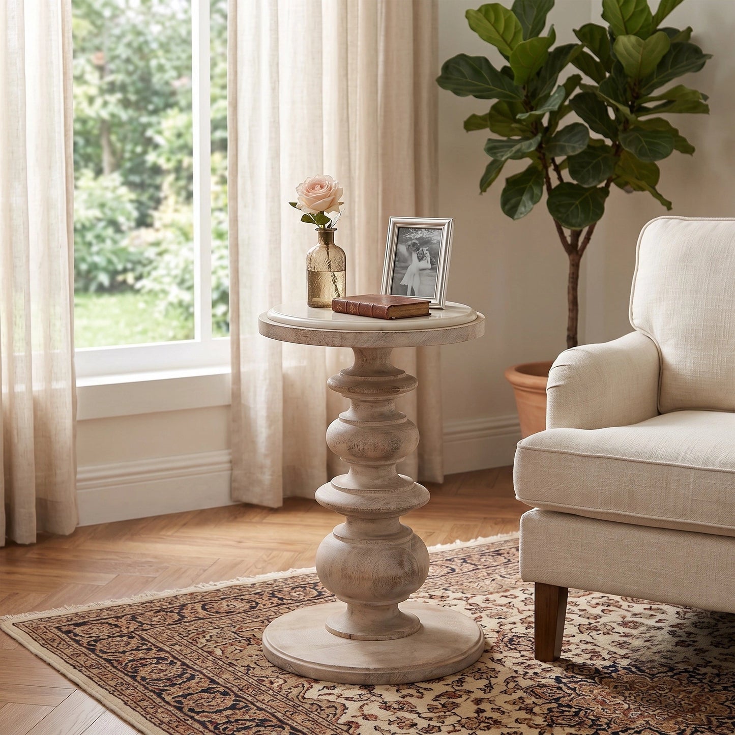 Marble-top accent table in solid mango wood, Salted Oak finish – lifestyle setting