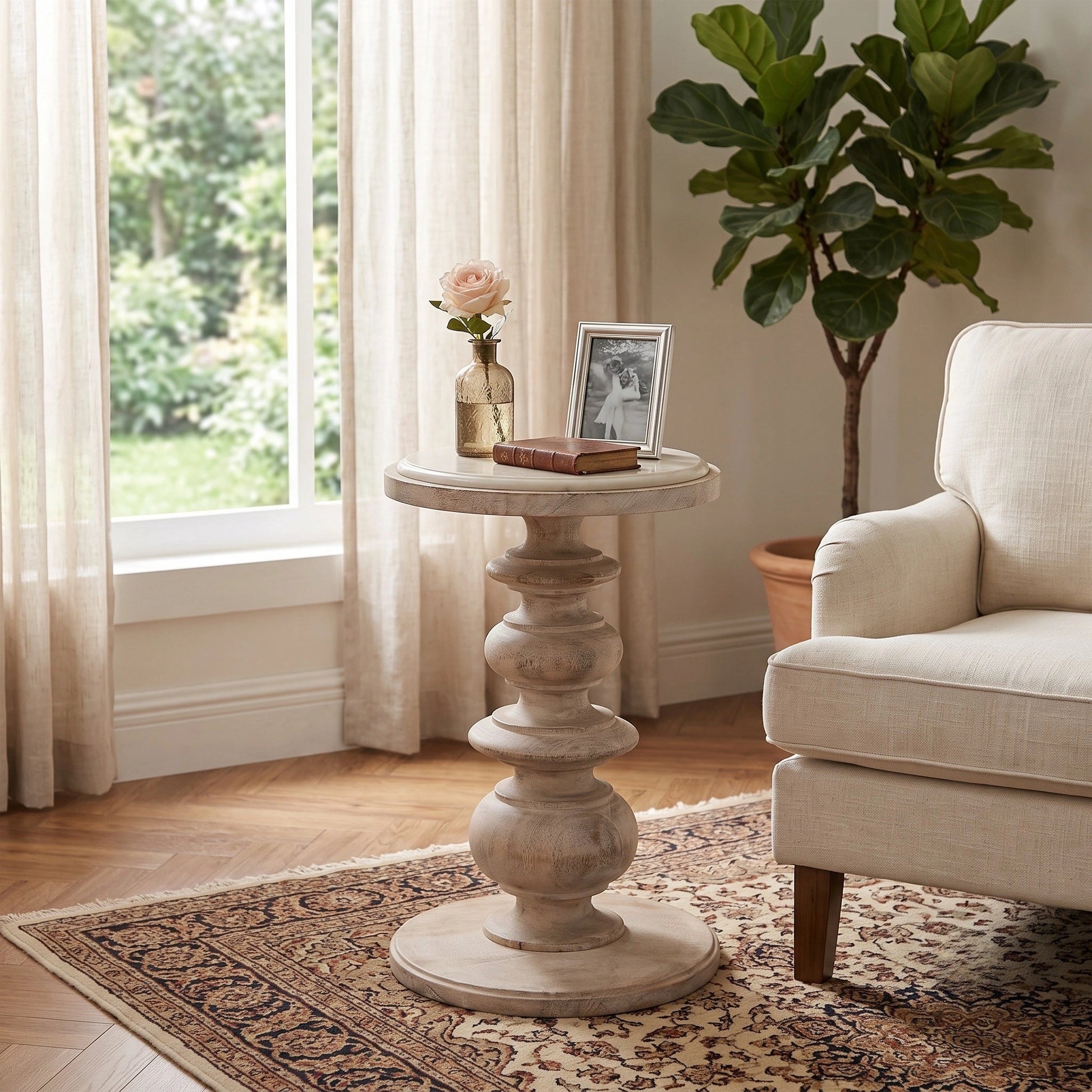 Marble-top accent table in solid mango wood, Salted Oak finish – lifestyle setting