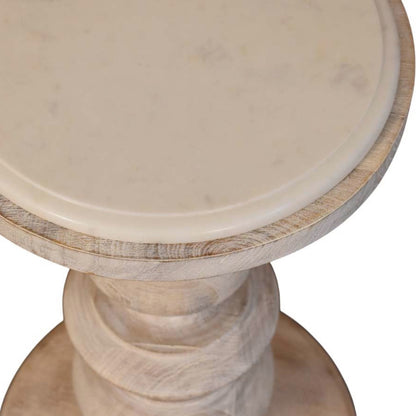 Marble-top accent table in solid mango wood, Salted Oak finish – marble top detail, elevated front, view 1