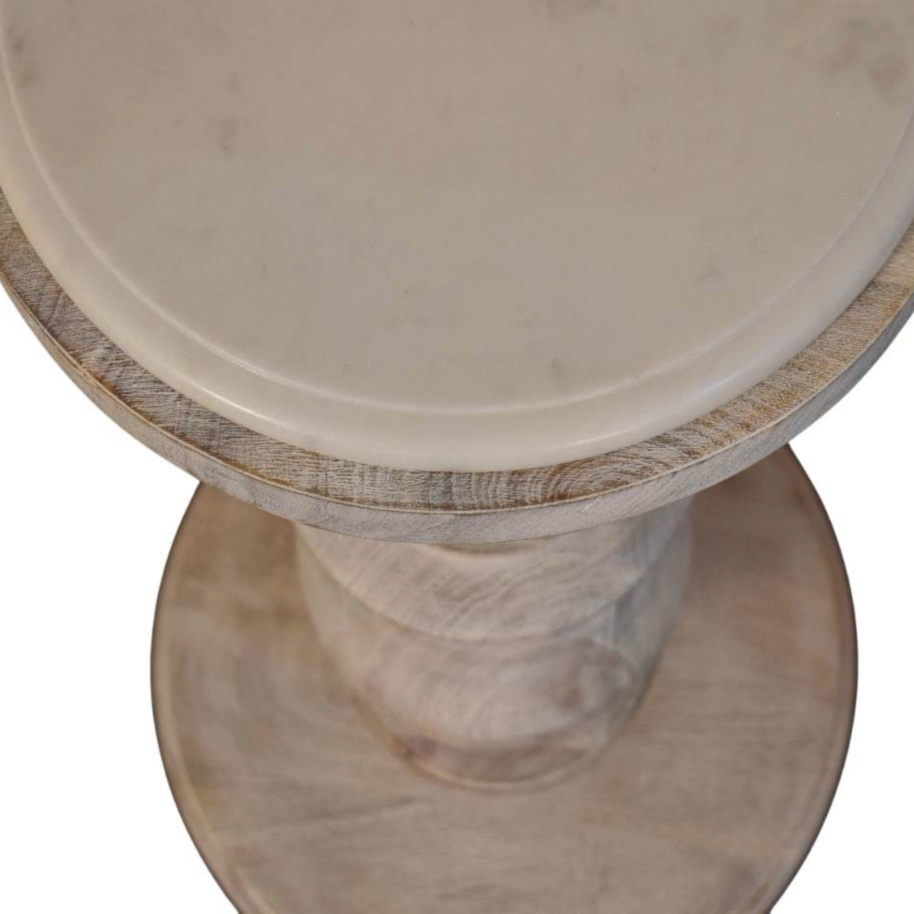 Marble-top accent table in solid mango wood, Salted Oak finish – marble top detail, elevated front, view 2Marble-top accent table in solid mango wood, Salted Oak finish – marble top detail, elevated front, view 2