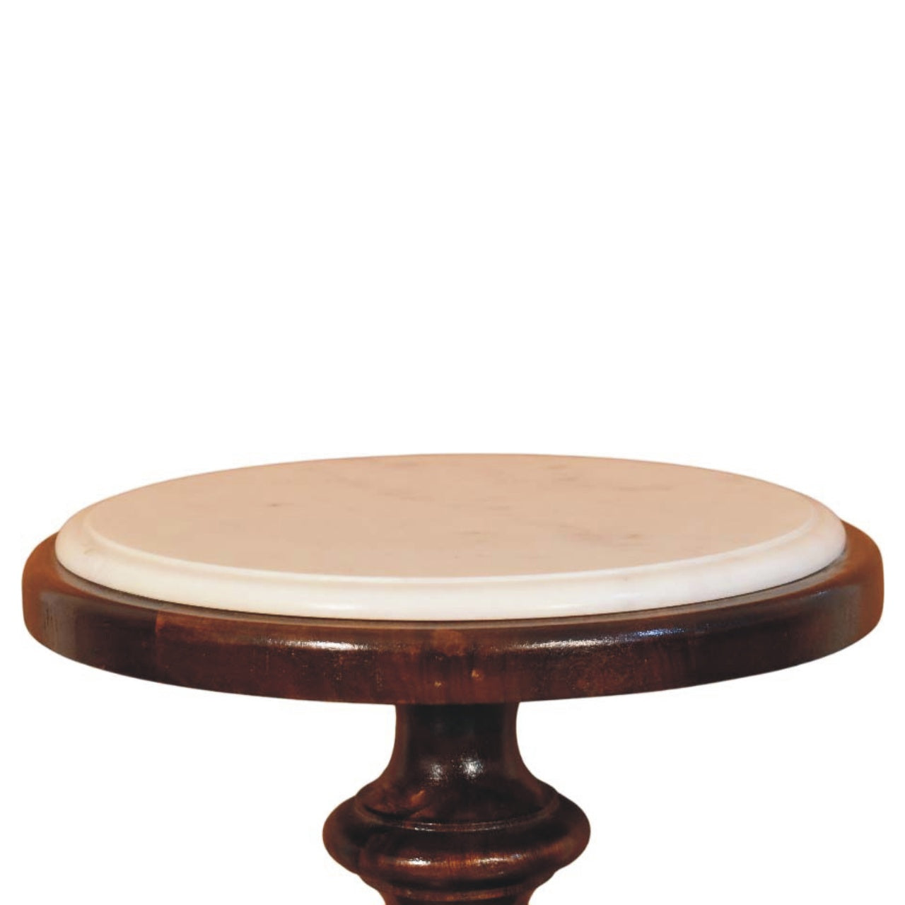 Marble-top side table in solid mango wood, Chestnut finish – front close-up