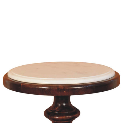 Marble-top side table in solid mango wood, Chestnut finish – front close-up