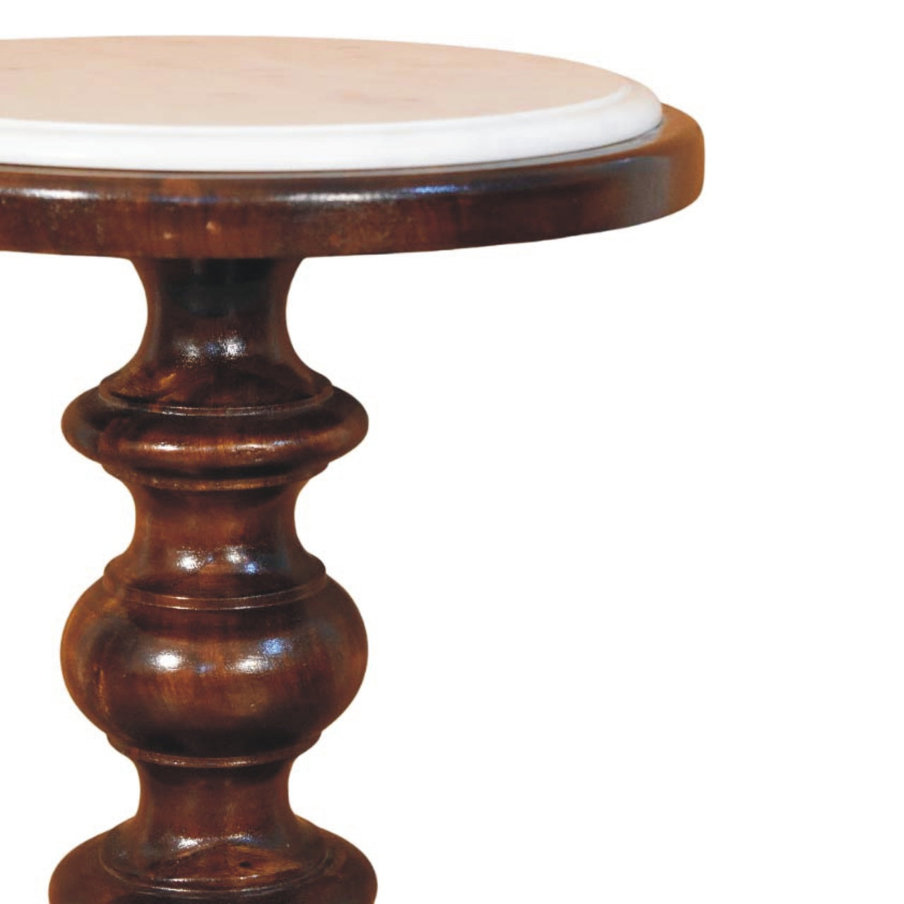 Marble-top side table in solid mango wood, Chestnut finish – front right close-up