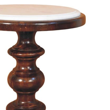 Marble-top side table in solid mango wood, Chestnut finish – front right close-up