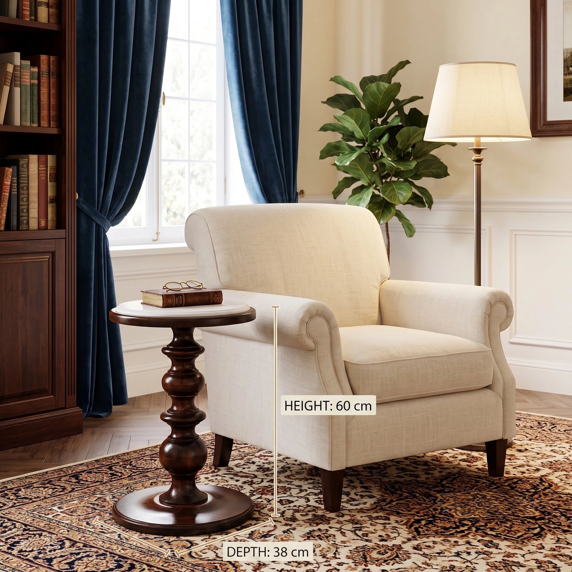 Marble-top side table in solid mango wood, Chestnut finish – lifestyle view with measurements