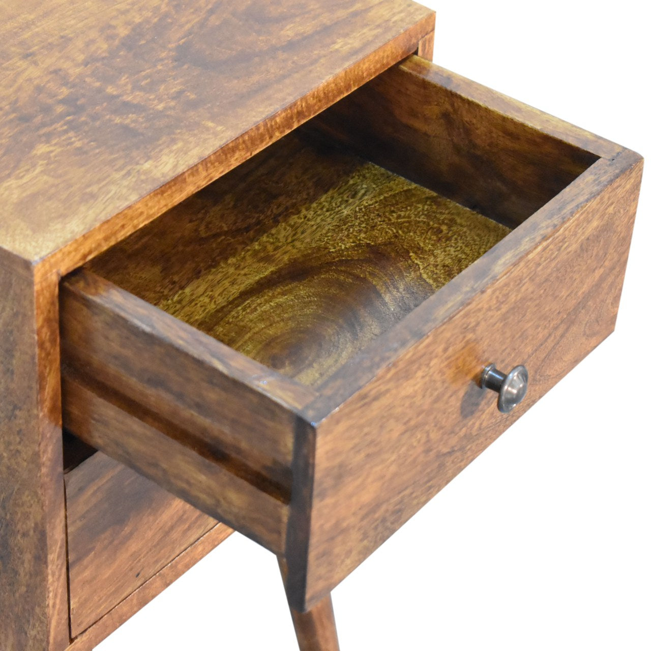 Upper left front angle view of Mini 2 Drawer Chestnut Bedside Table with drawer open
