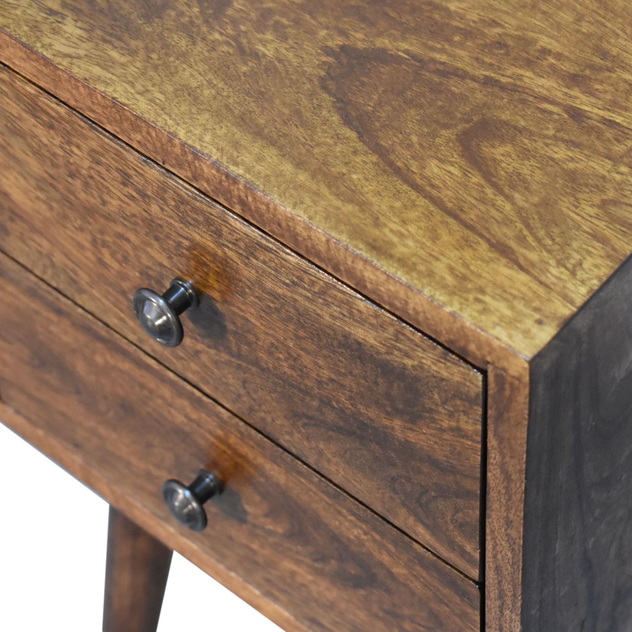 Upper right front angle view of Mini 2 Drawer Chestnut Bedside Table showing top surface