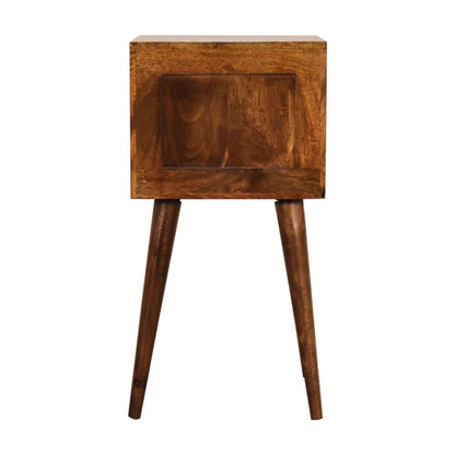 Back view of Mini 2 Drawer Chestnut Bedside Table in solid mango wood with chestnut finish