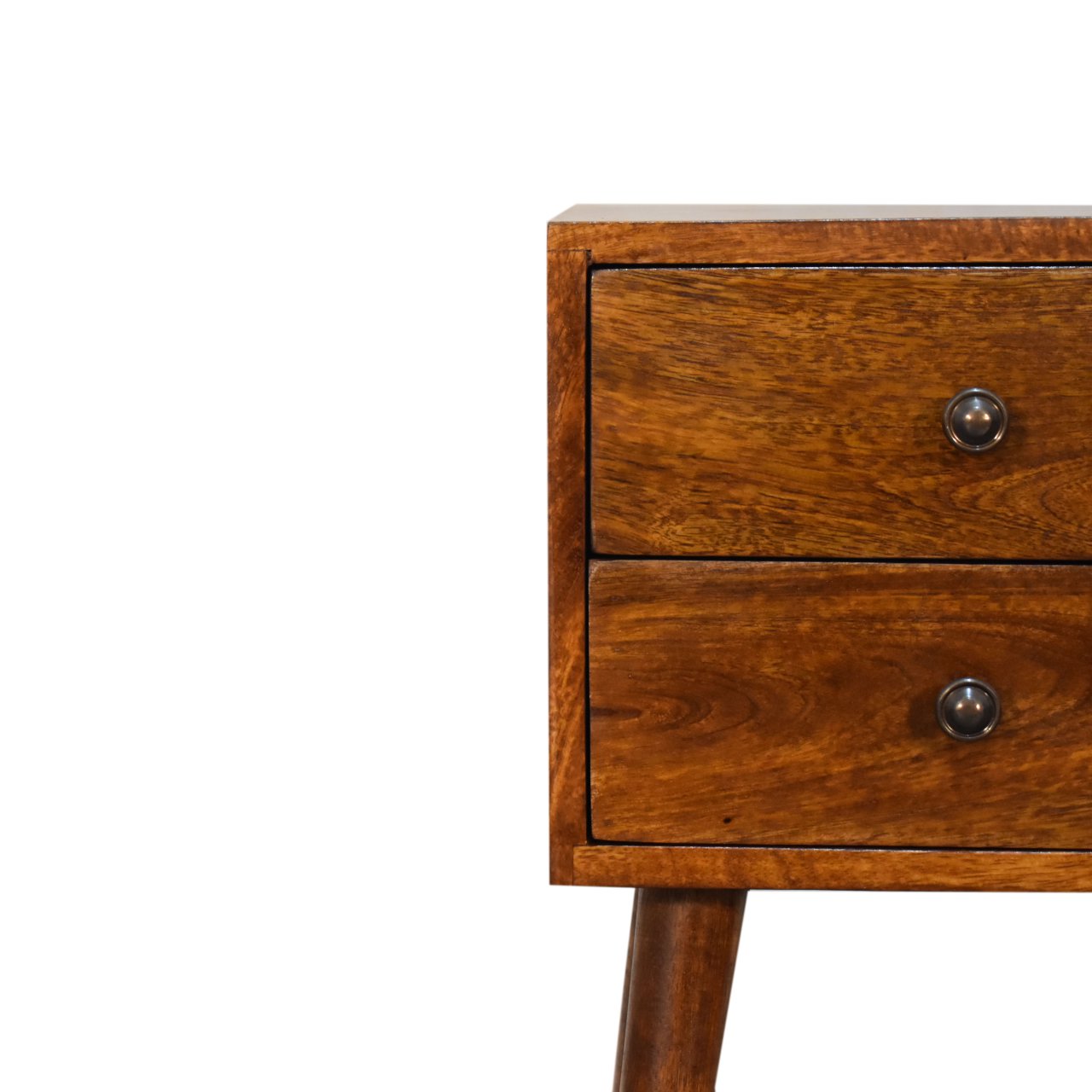 Close front view of Mini 2 Drawer Chestnut Bedside Table showing drawer detail and finish