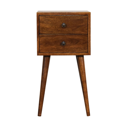 Front view of Mini 2 Drawer Bedside Table in solid mango wood with chestnut finish