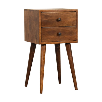 Left side view of Mini 2 Drawer Chestnut Bedside Table in solid mango wood