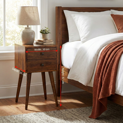 Mini 2 Drawer Chestnut Bedside Table with dimensions: 57 cm height, 30 cm width, 30 cm depth