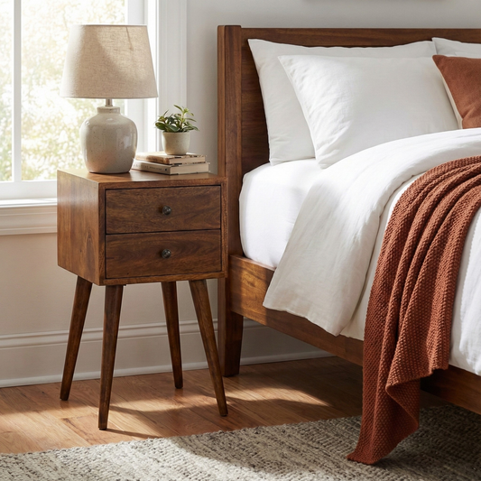 Mini 2 Drawer Chestnut Bedside Table styled in a bedroom interior