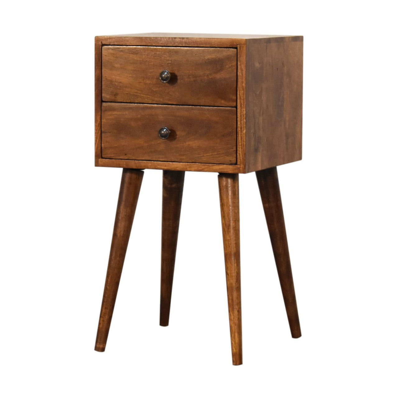 Right side view of Mini 2 Drawer Chestnut Bedside Table showing Scandinavian-style legs