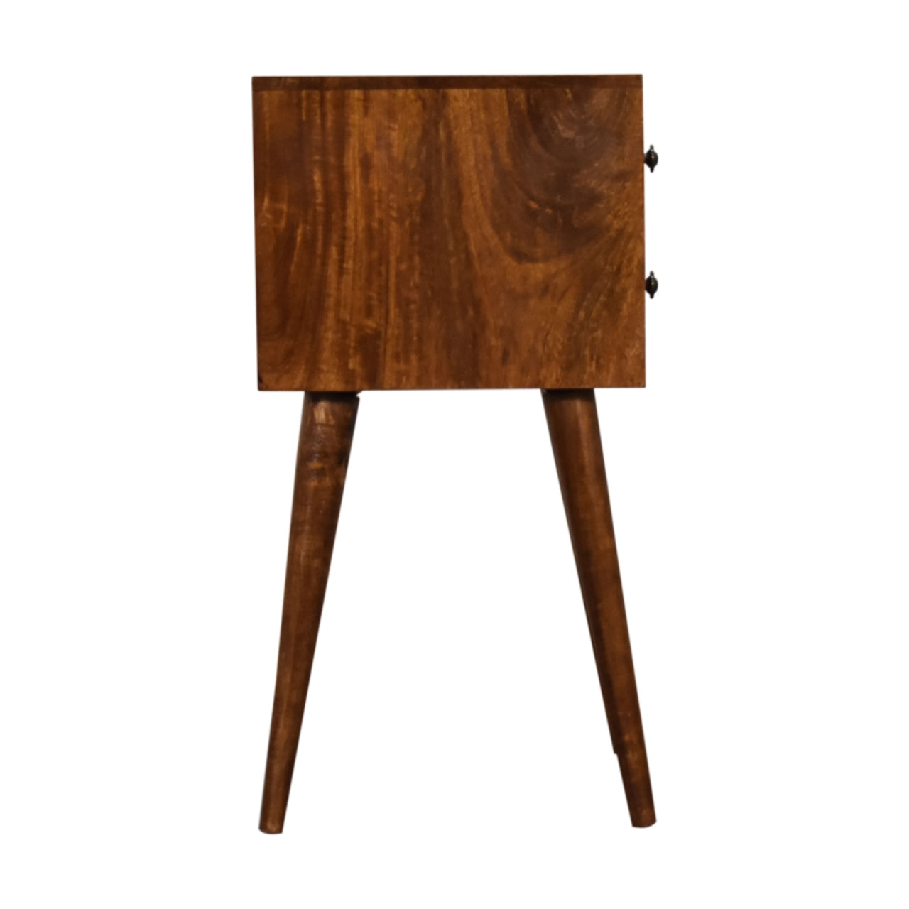 Side profile of Mini 2 Drawer Chestnut Bedside Table showing full height and legs