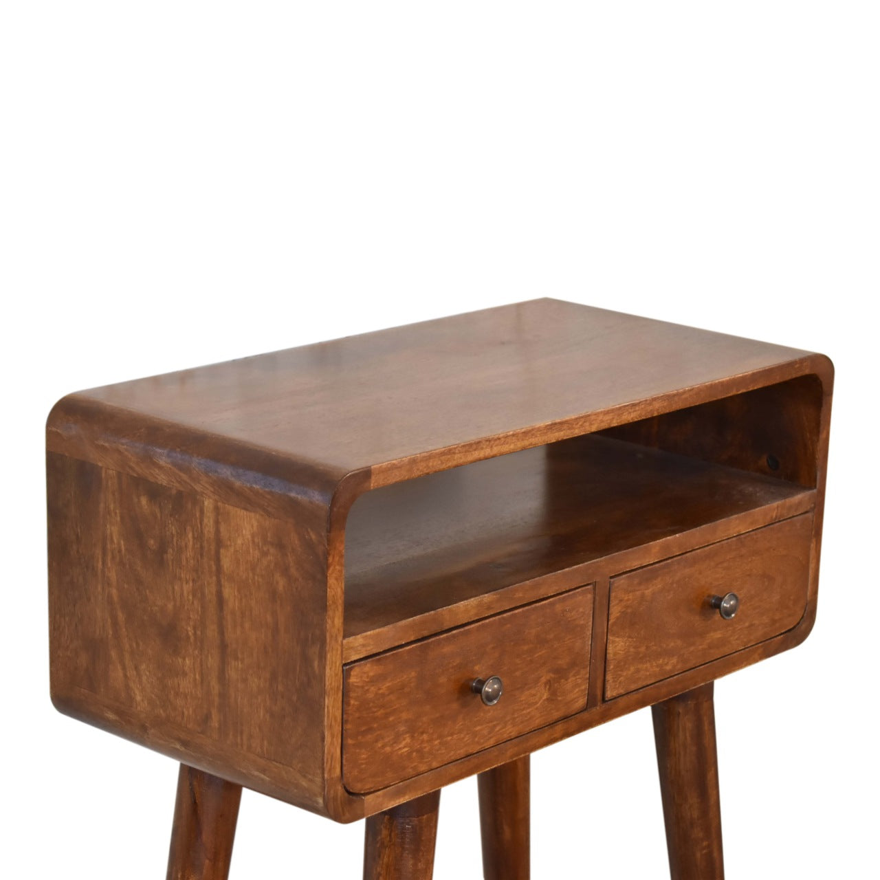 Upper left angle view of Mini Chestnut Console Table showing top surface and drawers