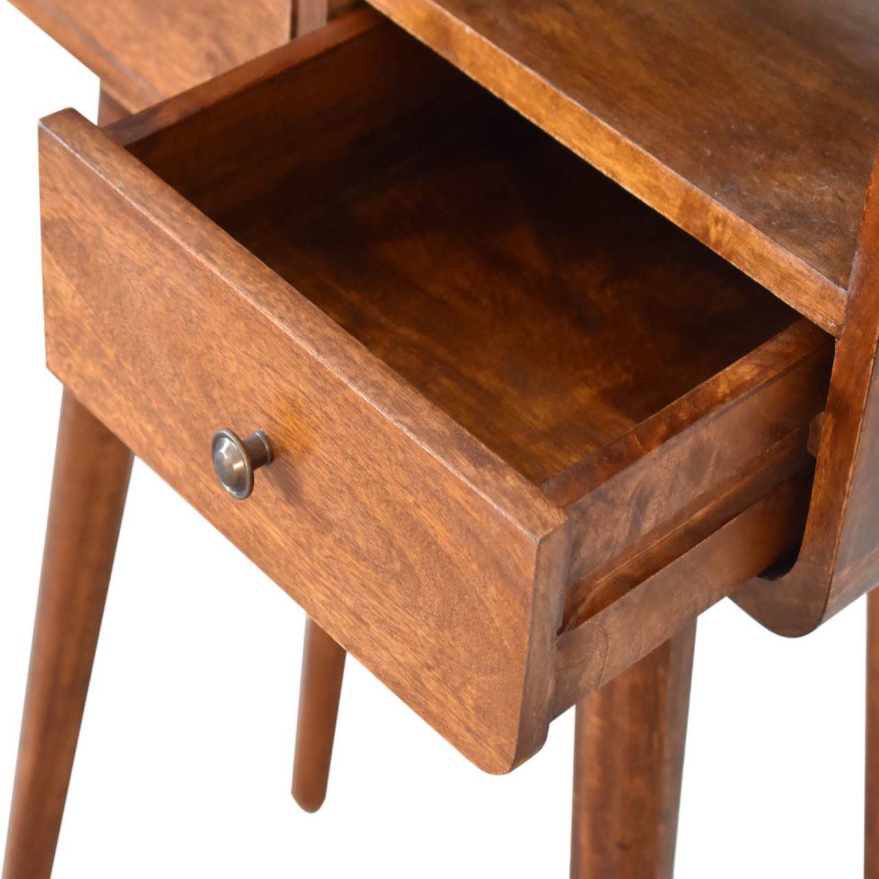 Upper right angle view of Mini Chestnut Console Table with drawer open showing interior storage