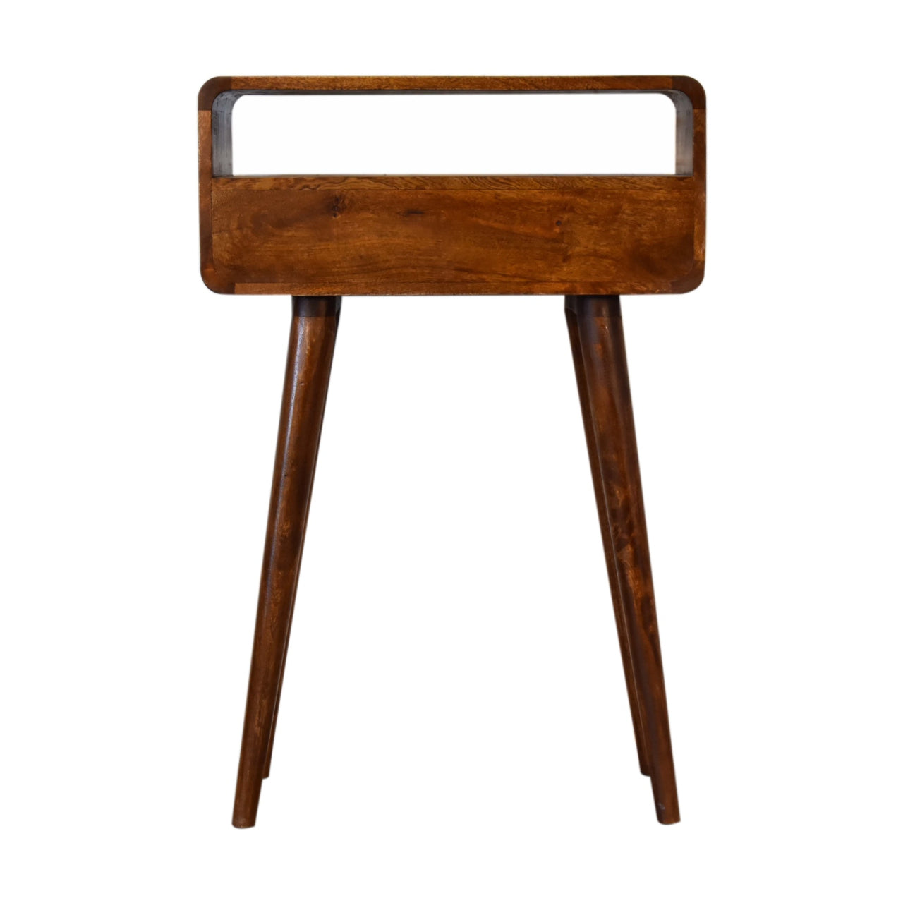 Back view of Mini Chestnut Console Table in chestnut finish with Nordic-style legs