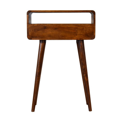 Back view of Mini Chestnut Console Table in chestnut finish with Nordic-style legs
