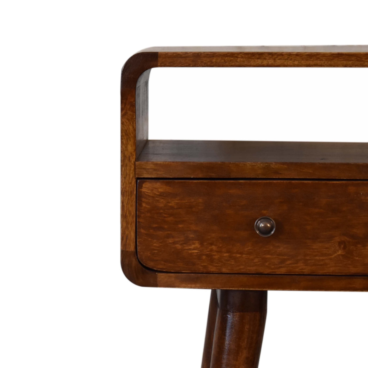 Close front view of Mini Chestnut Console Table showing drawer detail and shiny knobs