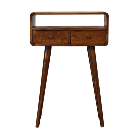 Front view of Mini Chestnut Console Table with curved edges and shiny knobs