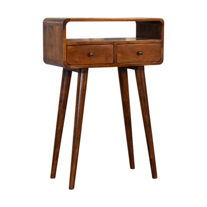 Left side view of Mini Chestnut Console Table showing depth and Nordic legs