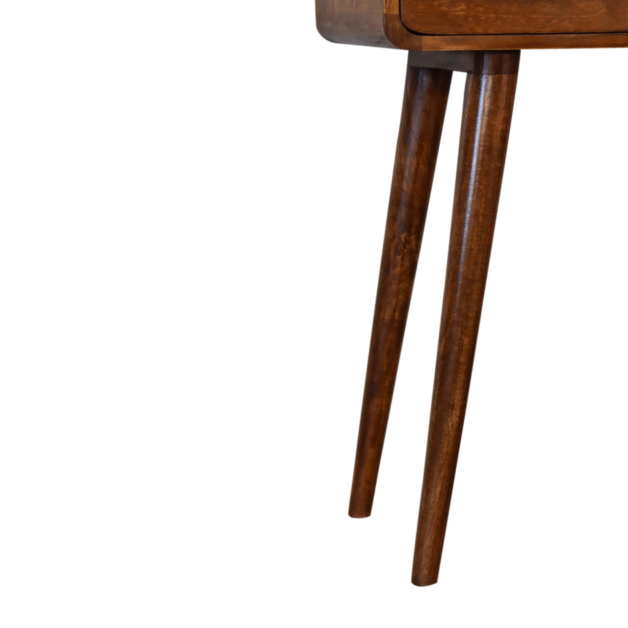 Close-up of Nordic-style legs on Mini Chestnut Console Table in chestnut finish