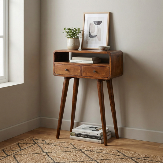 Mini Chestnut Console Table styled in a living space interior