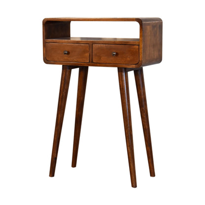 Right side view of Mini Chestnut Console Table in chestnut finish