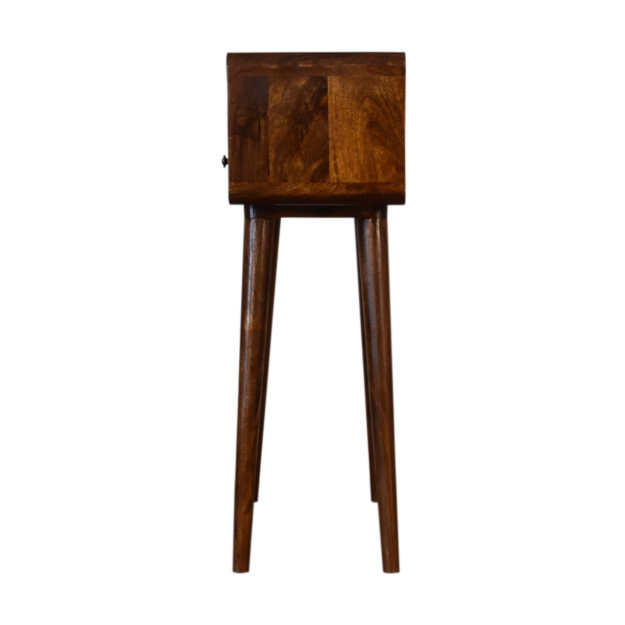Side profile of Mini Chestnut Console Table showing full height and Nordic legs