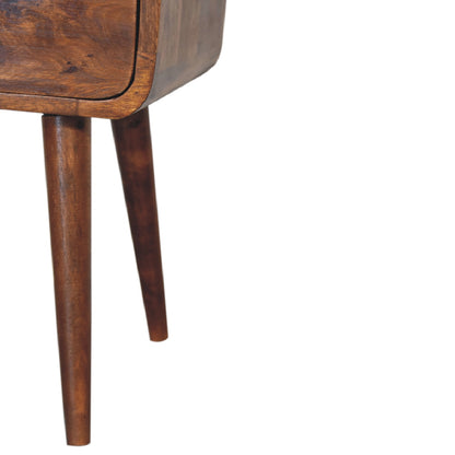 Lower right angle of Mini Chestnut Curve Open Bedside highlighting Nordic-style legs