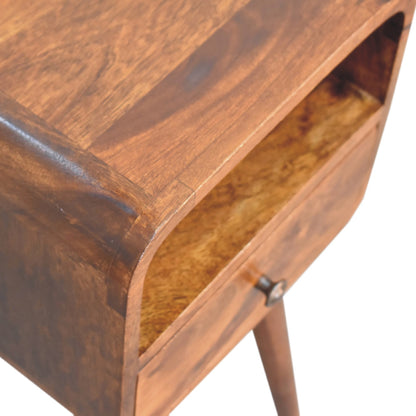 Close upper front left angle of Mini Chestnut Curve Open Bedside showing curved edges and chestnut finish