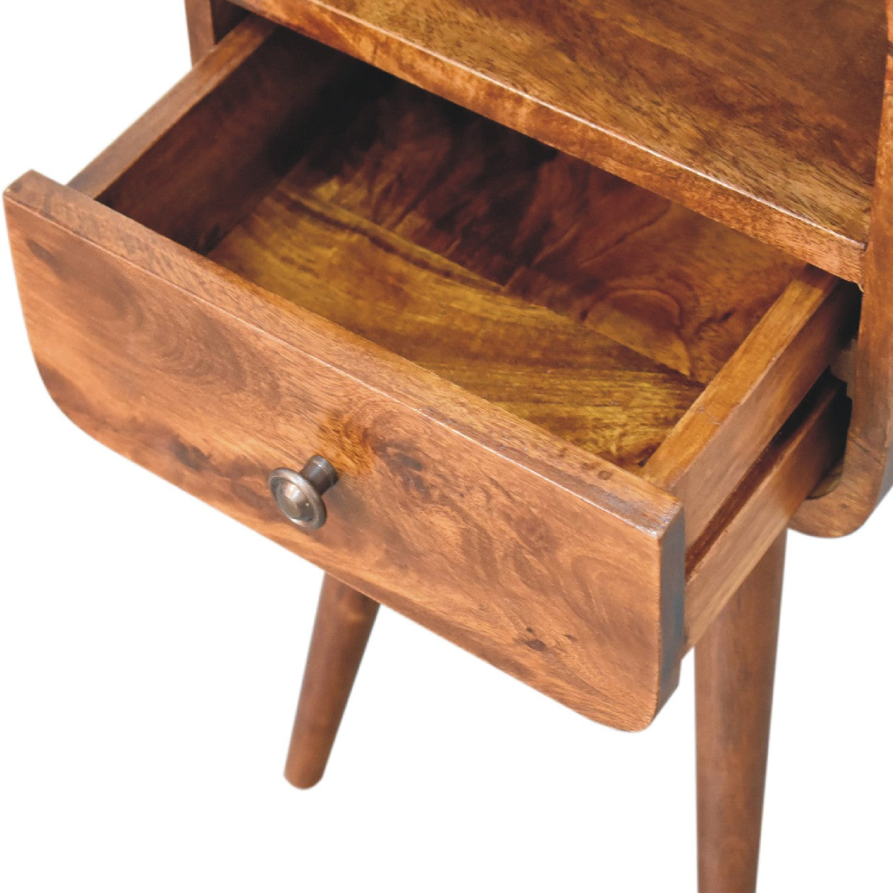 Close upper right angle of Mini Chestnut Curve Open Bedside with drawer open showing interior storage