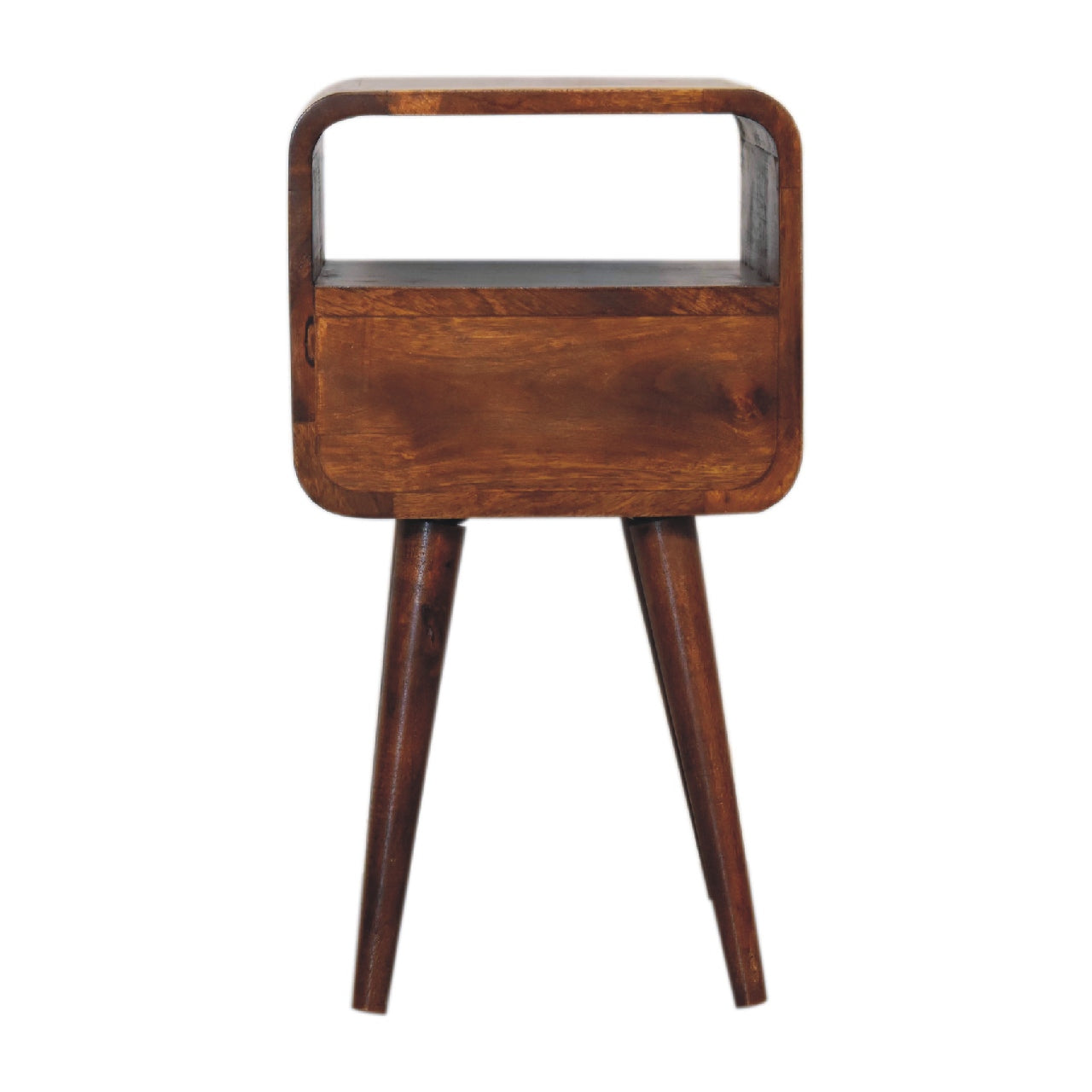 Back view of Mini Chestnut Curve Open Bedside in solid mango wood with chestnut finish