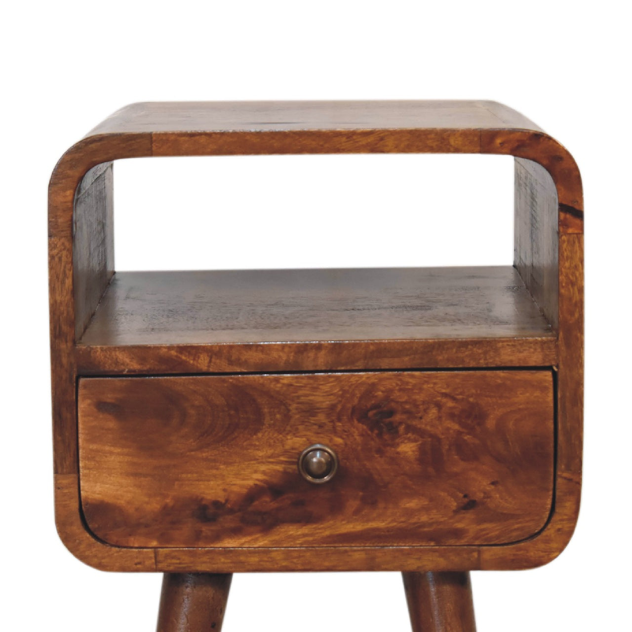 Close front view of Mini Chestnut Curve Open Bedside showing drawer and open slot detail