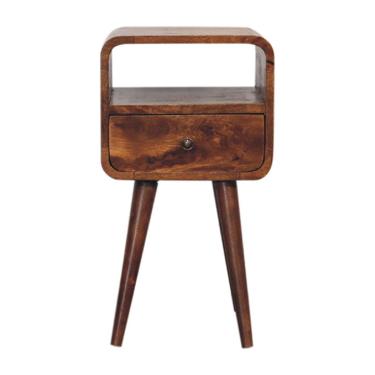 Front view of Mini Chestnut Curve Open Bedside showing drawer, open slot and Nordic legs