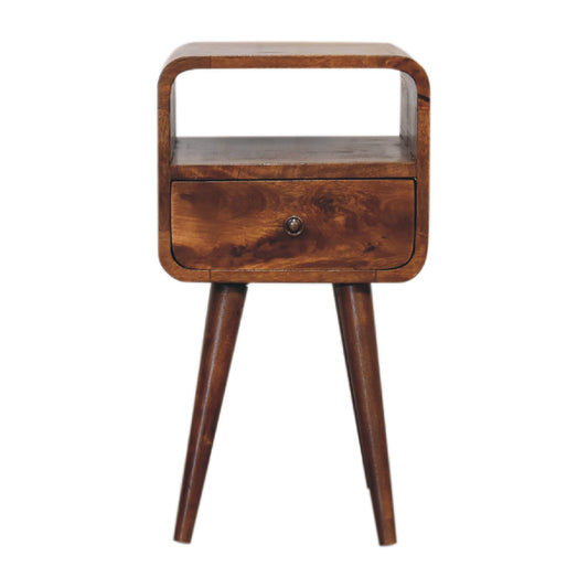 Front view of Mini Chestnut Curve Open Bedside showing drawer, open slot and Nordic legs