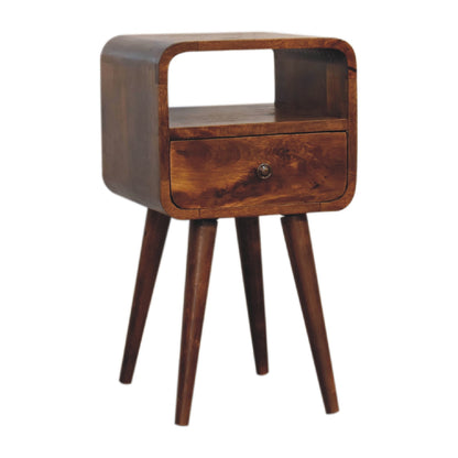 Left side view of Mini Chestnut Curve Open Bedside in solid mango wood with chestnut finish