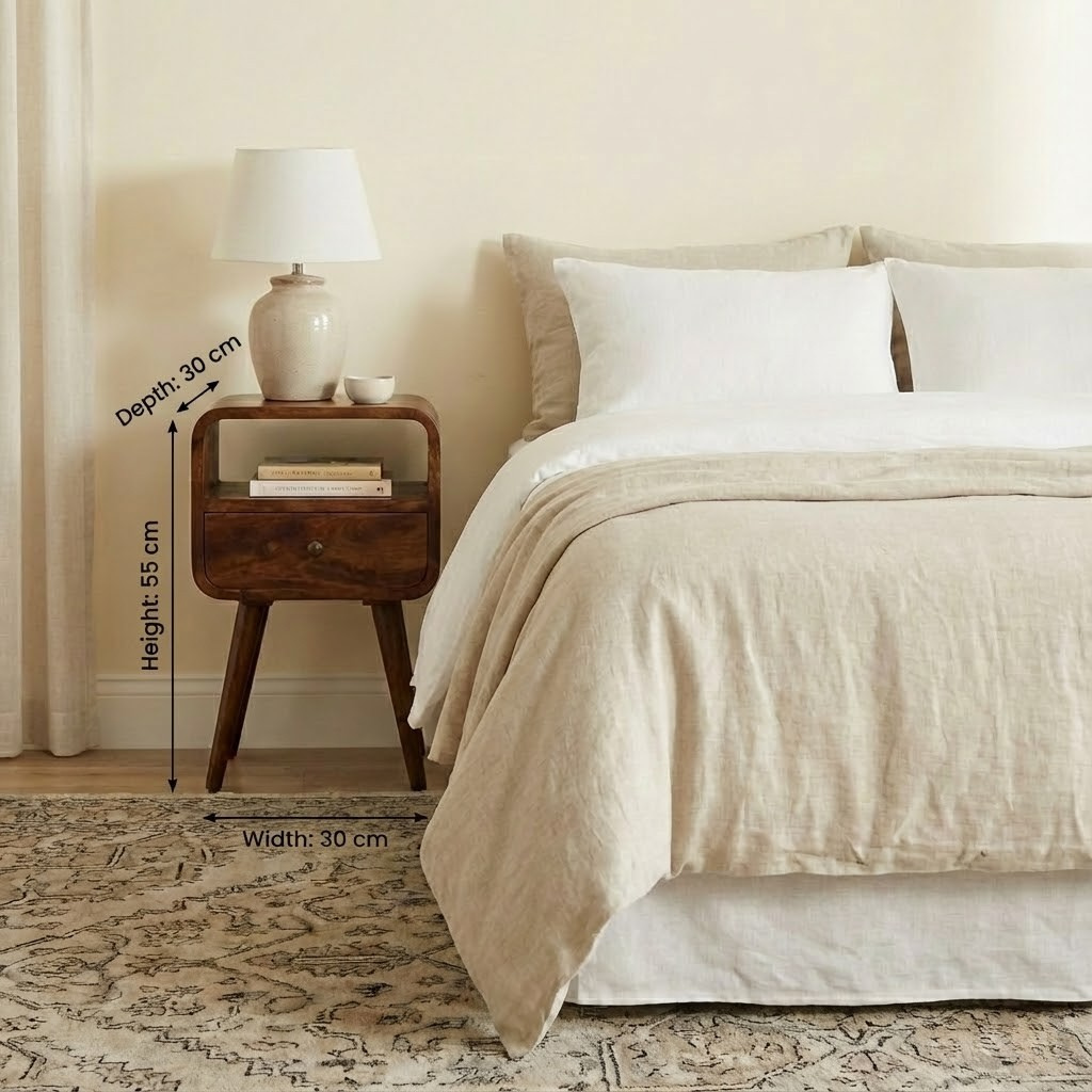 Mini Chestnut Curve Open Bedside with dimensions: 55 cm height, 30 cm width, 30 cm depth